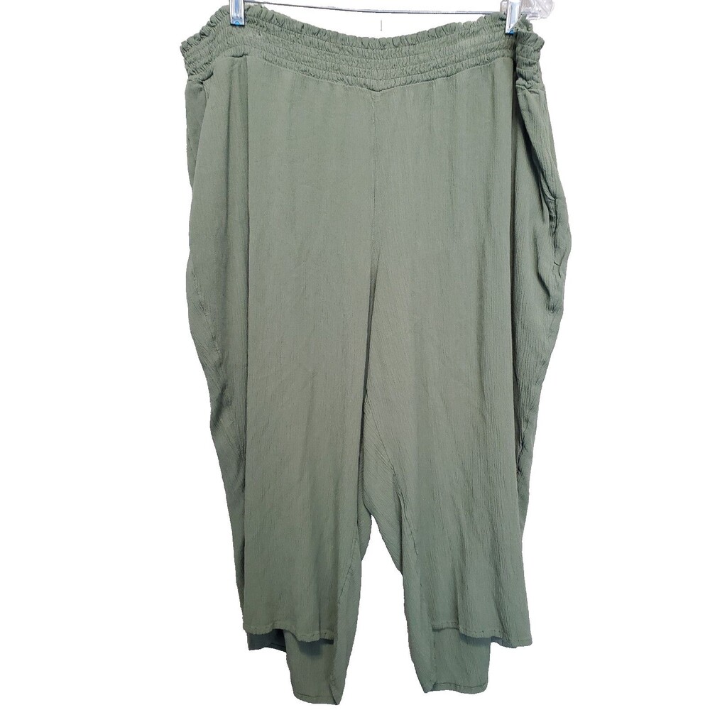 Catherines Olive Green Rayon Crinkle Cropped Wide-Leg Pull-On Pants Size 2XWP